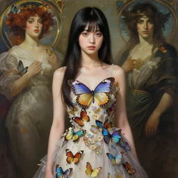 teen japanese girl in dress made of butterfly, realistic portrait, highly detailed, digital painting, artstation, concept art, smooth, sharp focus, illustration, cinematic lighting, art by artgerm and greg rutkowski and alphonse mucha and boris vallejo and frank frazetta