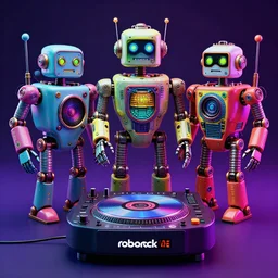 album art, roborock, 3 steampunk spaced out robots on a dj desk with a cd mixer, 8 k, flourescent colors, halluzinogenic, multicolored, exaggerated detailed, front shot, 3 d render, octane
