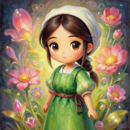 a portrait of japanese girl farmer wearing green dress, magic flower background, fantasy, dungeons and dragons, an ultrafine detailed painting, chibi, detailed painting, boris valejo. octopath traveler decal!!!
