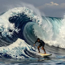 Surfing a great wave in the stile of hokusai