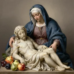 la pieta ultrarealistic ultradetailed painting of catholic veiled lady beside fruits, still life, greg rutkowski, immerse, slime, special effects makeup, maximalist, glittering, gold, ivory, hyperreal, golden ratio, alphonse mucha