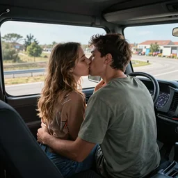 young lovers kissing in a truck simulator