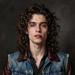 “Portrait of a pretty punk rock young man vampire with messy long curly dark brown hair and a denim vest over a leather jacket, a single drop of blood dripping down his chin and neck, painted by William Blake Richmond and jeff jordan”