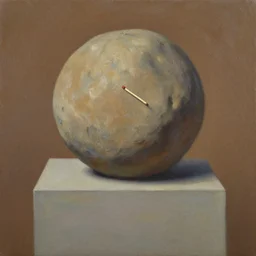 round boulder holding a match stick on a square pedestal and brown background, impressionist painting