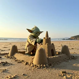 Yoda building a sand castle on the beach, wide shot, low angle, golden hour, cameraphone