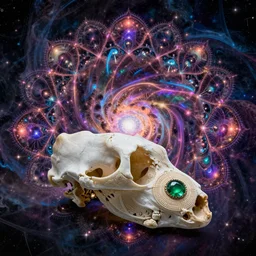 fractal mandala nebula psy trip hologram color an ancient white bone and emerald gemstone relic, intricate engraving concept art style