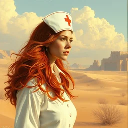 hard sci fi nurse with long red hair, in a huge desert, by emile friant and moebius