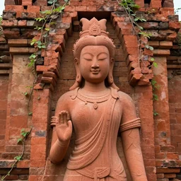 a beautiful asian goddess portrait made of red bricks, sculpture, emerging from the red bricks of an ancient temple, vines, overgrown