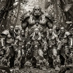 hyper realistic group vintage photograph of a live action warcraft orc warrior tribe in the jungle, tall, hulk like physique, detailed faces, tribal paint, tribal armor, grain, old, monochrome, sepia toned, realistic lighting, wide angle