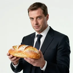 Viktor Yushchenko as the American Psycho, holding a loaf of bread made of gold, cinematic still