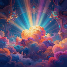 psychedelic multicolor clouds, god rays, volumetric lighting, dynamic intricate ornate