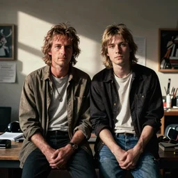 of a photo of jean - michel basquiat and kurt cobain in basquiat ’ s studio, photorealistic,