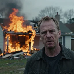 a photo of a house burning down in the background and eli manning with an eerie expression in the foreground, strong depth of field