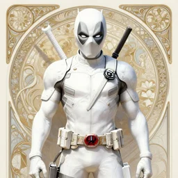asymmetrical!! portrait of a deadpool wearing white in the style of, overwatch, intricate, elegant, highly detailed, digital painting, artstation, biolusence, concept art, smooth, sharp focus, illustration, art by artgerm and greg rutkowski and alphonse mucha, horizon zero dawn 8 k