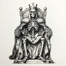 pen and ink drawing of a skeleton king sitting atop a throne, by steve jackson and ian livingstone, highly detailed