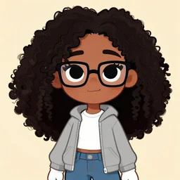 a very beautiful girl with dark complexion, long, curly, afro hair, stylistic oval black eyes, half - frame square glasses, grey hoodie opened, white t - shirt, white gloves, denim jeans, character art, cute, digital art, jaidenanimations, cartoon network, cel shaded, character art