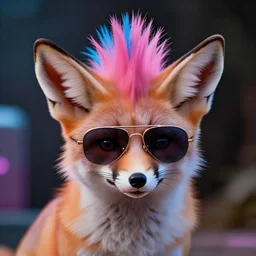 fennec fox, pink and blue mohawk hairstyle, furry, aviator sunglasses, synthwave style, portrait, artstation, detailed, award winning, dramatic lighting, miami vice