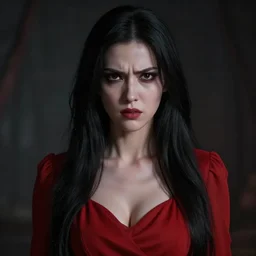 portrait of a woman with long black hair, angry expression, red dress scary, 4k, highly detailed face, beautiful, octane render, cgi, cgsociety, dark lighting, artstation, high quality, depth of field, ambient occlusion,