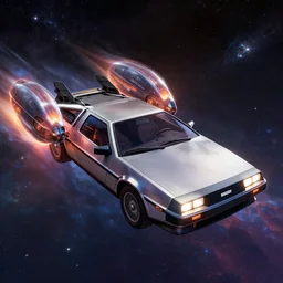 a beautiful concept art of delorean dmc - 1 2 as a spacecraft with a pair of hyperdrives flying in the open cosmos, art by cushart krentz and greg rutkowski, raytracing, 8 k wallpaper, unreal engine 5, octane render, volumetric, hyperrealism, illustration, trending on artstation, pinterest