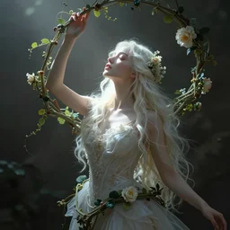 pale, elegant woman turning into vines and flowers, fantasy