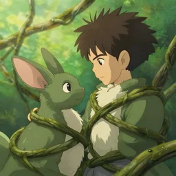 closeup, two magical creatures are wrapped by lianas, lianas wrap them, in a gentle green dawn light, eyvind earle, studio ghibli painting, cinematic lighting, volumetric lighting, smooth, sharp focus, highly detailed, render in unreal engine 5, artstation, deviantart, behance