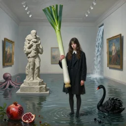 painting of a flooded art gallery and a tall emo girl, holding a giant leek, stone sculpture of asparagus, pomegranates, octopus, waterfall, black swans, berries, surrealist, by magritte and monet