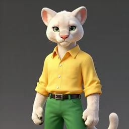 Character portrait of a albino furry anthro albino mountain lion, color page, 4K, tone mapping, doll, Akihiko Yoshida, James_Jean_Andrei_Riabovitchev_Marc_Simonetti, Yoshitaka Amano, digital illustration, yellow button shirt, green slacks