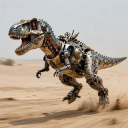 action photography, award winning photo of an ultra ultra detailed intricate steampunk robotic dirty dinosaur running very fast in the sand, fast shutter speed, motion blur, tiny gaussian blur, highly detailed, highly intricate, depth of field, national geographic