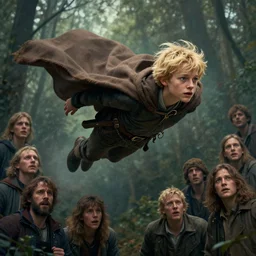 masterpiece concept art, blonde boy wearing a brown cape and flying, forest background, emotional, cinematic moody colors, realistic shaded lighting poster by ilya kuvshinov, magali villeneuve, artgerm, jeremy lipkin and michael garmash and rob rey