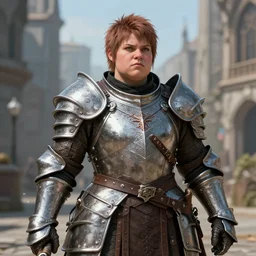 portrait, a female dwarven warrior wearing iron breastplate, dragon age, short and stocky plump figure, big nose, highly detailed, sharp focus, in the city, full rendered, trending on artstation by john willian waterhouse, greg staples