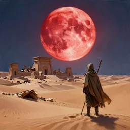 big red moon in the desert. ruins of the ancient city. a man in a cloak with a hood and a staff looks into the distance from the dune, visual novel, oil painting
