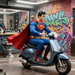 Superman driving a motor scooter in a barber shop, Grafitti art