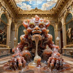 Extreme Caravagistti. The absolute worst, most grotesque and awful monster made of gelatinous fleshy blobs. The monster is in an ornately gilded rococo art museum gallery designed by frank lloyd wright and donatello. A magnificent sky is at the top. Perfect symmetry