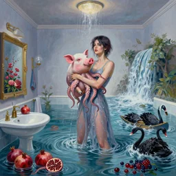 tall female emo artist holding a pig in her flooded bathroom, octopus, water gushing from ceiling, painting of flood waters inside an artist's bathroom, a river flooding indoors, pomegranates, pigs, ikebana, water, octopus, river, rapids, waterfall, black swans, canoe, berries, acrylic on canvas, surrealist, by magritte and monet