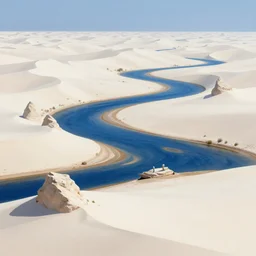 Landscape, white desert, sand, dunes, monoliths. Deep blue river. Fantasy, digital painting, HD, 4k, detailed.