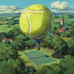 An aerial tennis court, suspended by a giant tennis ball-shaped hot air balloon, Castle in the Sky style, by Miyazaki Hayao