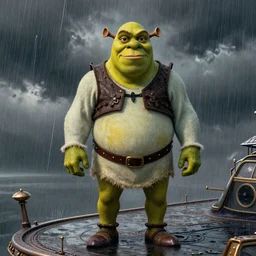 shrek vs senator armstrong on helipad during storm, beautiful and correct and high detail of the face, full body, vintage, long exposure, split toning, megapixel, dci - p 3, 1 6 - bit, ar, ocd, nonary, strobe, soft lighting, screen space global illumination, optics, anisotropy, ray tracing reflections, insanely detailed and intricate, hypermaximalist, elegant, ornate, hyper realistic, super detailed,