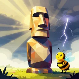 synthwave geometric moai statue digital illustration cartoon colorful beeple, by thomas kinkade clean sunshine rays thunderstorm