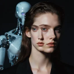 hyperrealism mixed with classicism, close - up portrait of fashion model in front, invisible melting cyborg in back, complete darkness, in style of classicism mixed with 8 0 s sci - fi hyperrealism