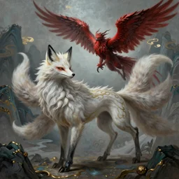 beautiful painting inspired by the mythical beast mixed with a dark red seraphim in the classics chinse book rendered in 3 d octain render beeple style. league of legends. art station beautiful ultra - hdrendering, neo classical aesthetic 山 海 经, animal concept design : 九 尾 狐, 麒 麟, high detail, religion light, grey blue and gold and dark green and white scheme, by emil melmoth, craig mullins, greg rutkowski, fenghua zhong, pete morbacher, ultra detailed
