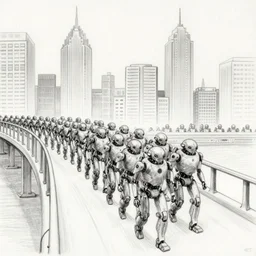 pen drawing of an army of androids marching into a city across a bridge, with a decaying moon