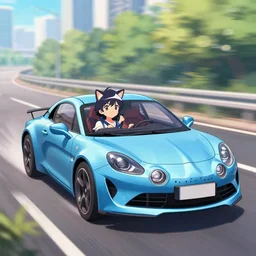an anime catgirl racing down a tokyo highway in the drivers seat of an alpine a 1 1 0, bokeh, shader, anime art style, highly detailed, cel - shaded, colorful, animated, trending