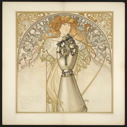 detailed, intricate technical drawings on parchment from 1 8 4 0, with labels and notes, for a beautiful, symmetric, art nouveau robotic arm holding a paintbrush, by ron cobb and alphonse mucha