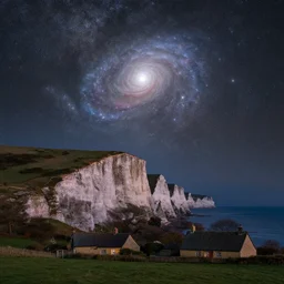 a deep field astrophotography astronomy photo of the pleiades cluster, messier 4 5, mutsuraboshi, double exposure with a nighttime landscape photo of the seven sisters cliff faces in cuckmere haven, famous composition with cottage, lpoty, award winning, beautiful, astronomy photo of the year