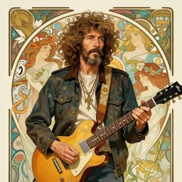 Poster artwork, Duane Allman, medium shot, details, sharp focus, illustration, by Jordan Grimmer and Alphonse Mucha and greg rutkowski and PiNe (パイネ) and 薯子 Imoko and 香川悠作 and maya takamura, intricate, beautiful, Trending on artstation, pixiv, digital Art