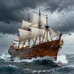 a wooden big ship in the middle of the sea during a storm, turbulent sea, high coherence, highly detailed, high quality, 8 k, dramatic lighting, cinematic, epic scene, path traced, hyperrealistic, concept art, octane render, unreal engine 5, trending on artstation, a red cross in the ship flag, high contrast