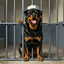 anthropomorphic snarling rottweiler as a prisoner in jail, thomas kinkade