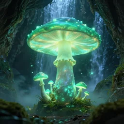 a beautiful and stunning professional digital artwork of a glowing mushroom cave, haze, spores floating in the air, waterfall, volumetric lighting, hyperrealistic, green, blue, rtx on, ultra detail
