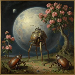 first view of an alien planet with giant walker bugs and tree rhododendrons by martin johnson heade. oil on canvas.