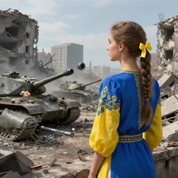 ukrainian girl, in blue and yellow clothes, watching ruined city of bombs and tanks, concept art, trending on artstation, highly detailed, intricate, sharp focus, digital art, 8 k